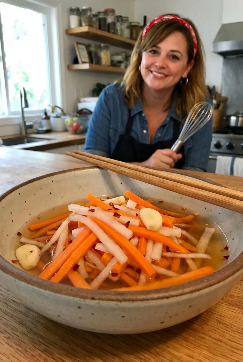 A bowl of quick pickled carrots and daikon with chopsticks resting on the rim
