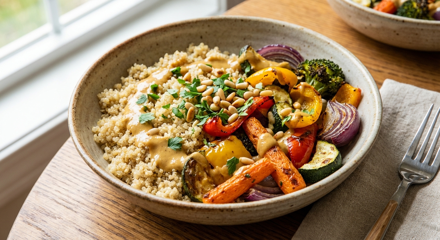 A bowl of quinoa and roasted vegetables with a drizzle of sauce