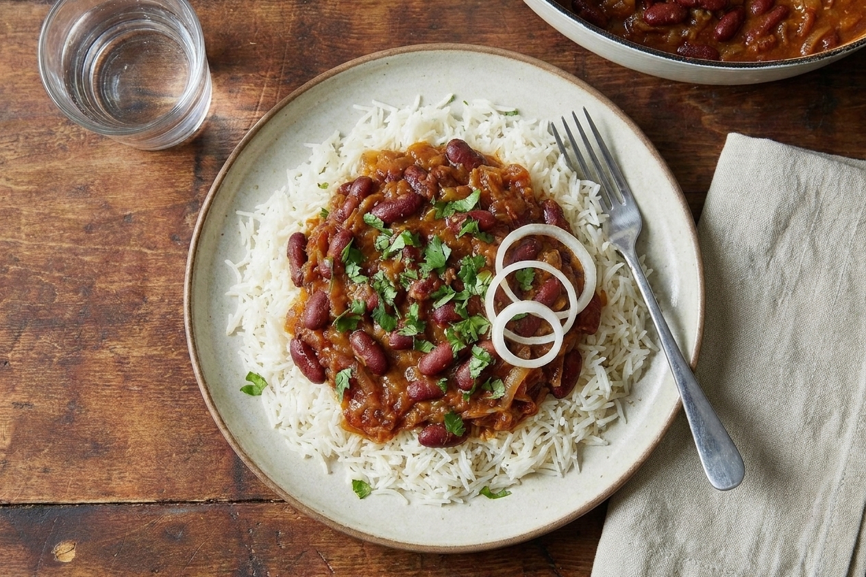 A bowl of rajma masala with tender kidney beans in a rich reddish-brown gravy served over fluffy basmati rice, garnished with cilantro on a simple wooden table setting