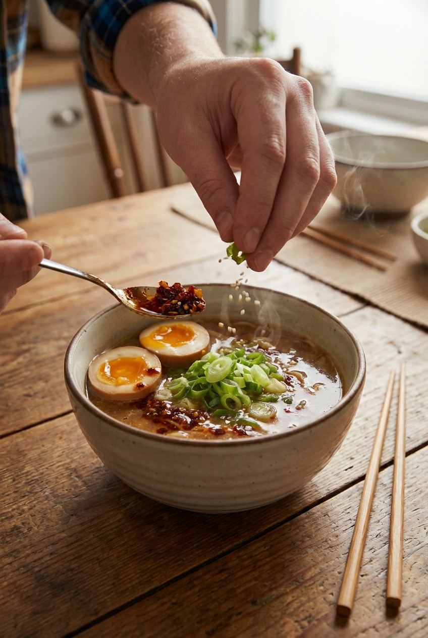 A bowl of ramen being topped with sliced scallions, sesame seeds, and chili crisp