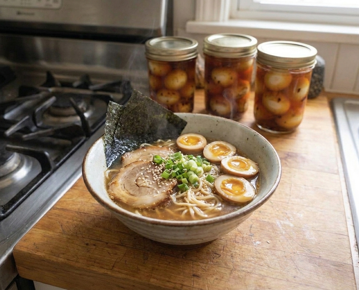 A bowl of ramen on a wooden table topped with halved soy-marinated quail eggs, scallions, and sesame seeds