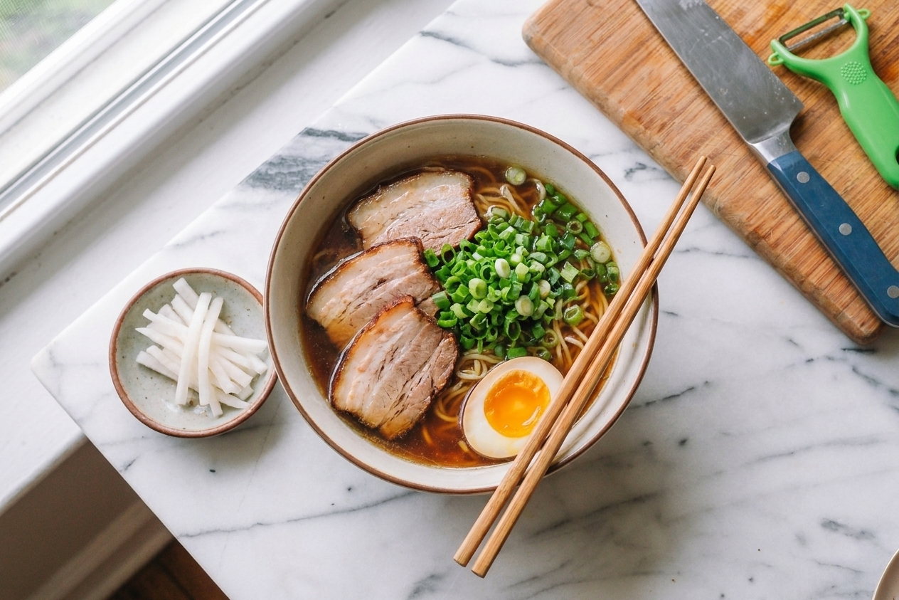 A bowl of ramen topped with sliced pork and scallions, with a small pile of pickled daikon strips on the side on a kitchen table