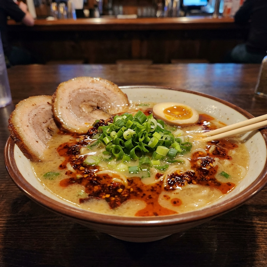 A bowl of ramen with sliced pickled egg, scallions, and chili oil