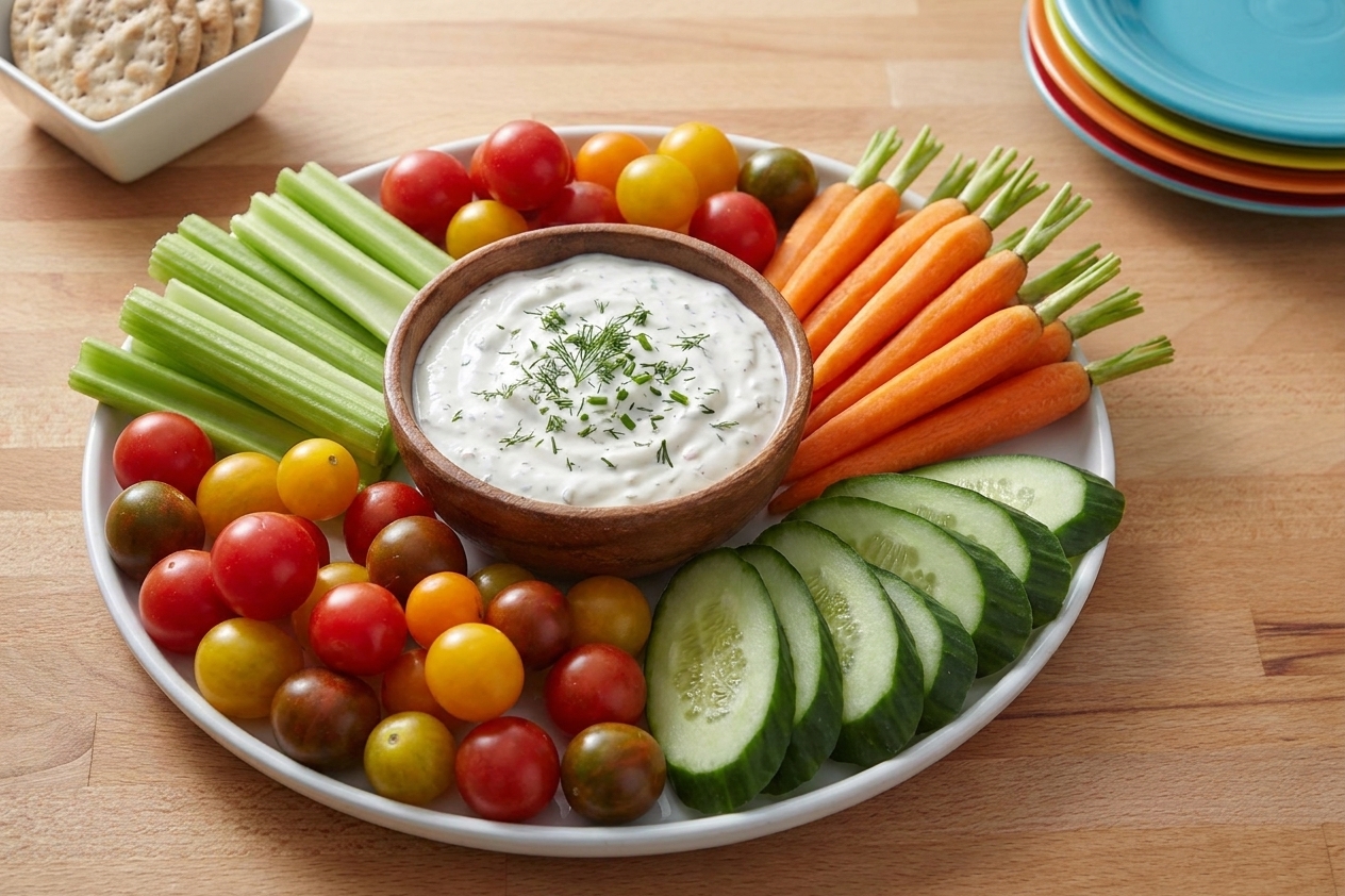 A bowl of ranch dip in the center of a platter with celery sticks, carrot sticks, cucumber slices, and cherry tomatoes on a wooden table in warm kitchen light