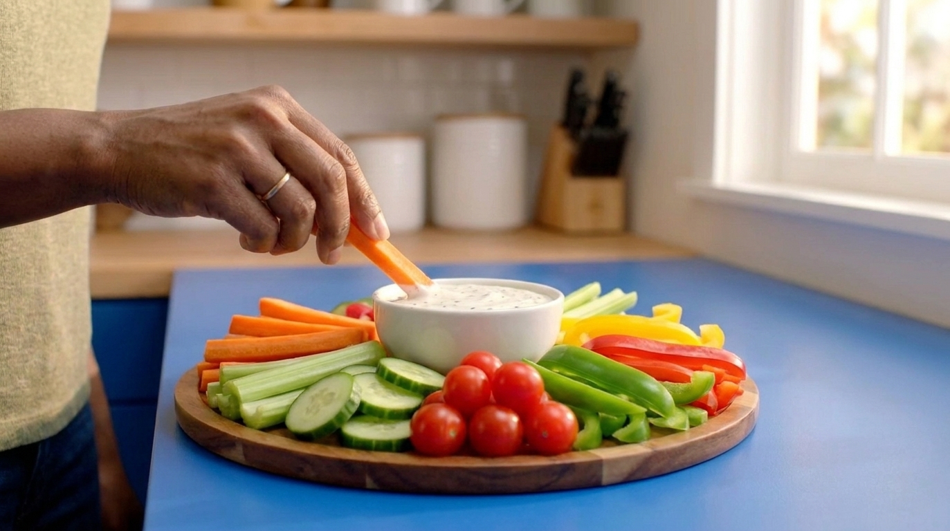 A bowl of ranch dip on a serving board with carrot sticks, celery, cucumber slices, cherry tomatoes, and bell pepper strips arranged neatly around it