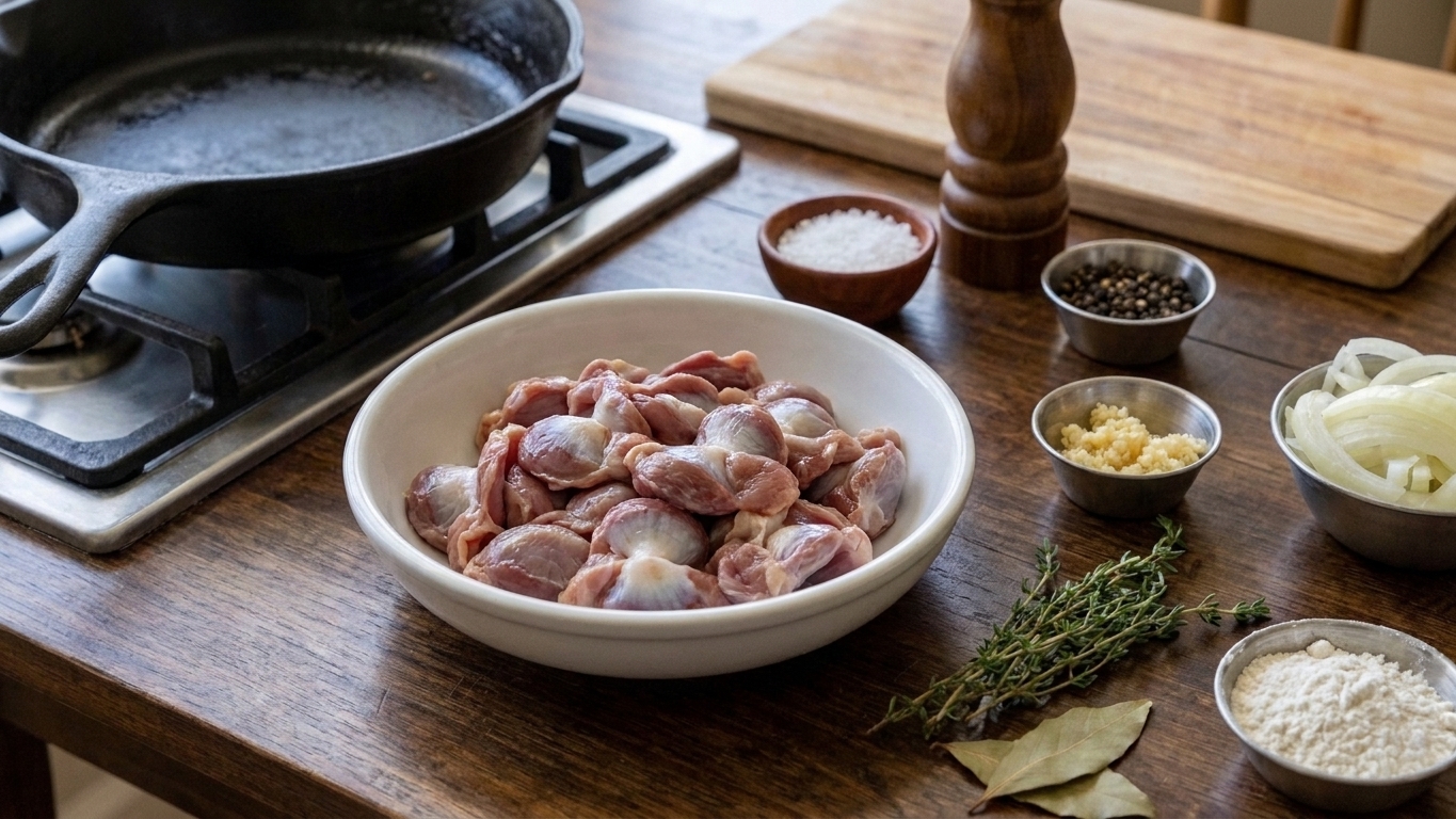 A bowl of raw chicken gizzards on a kitchen counter beside salt, pepper, garlic, onion, and a small dish of flour, ready for prep