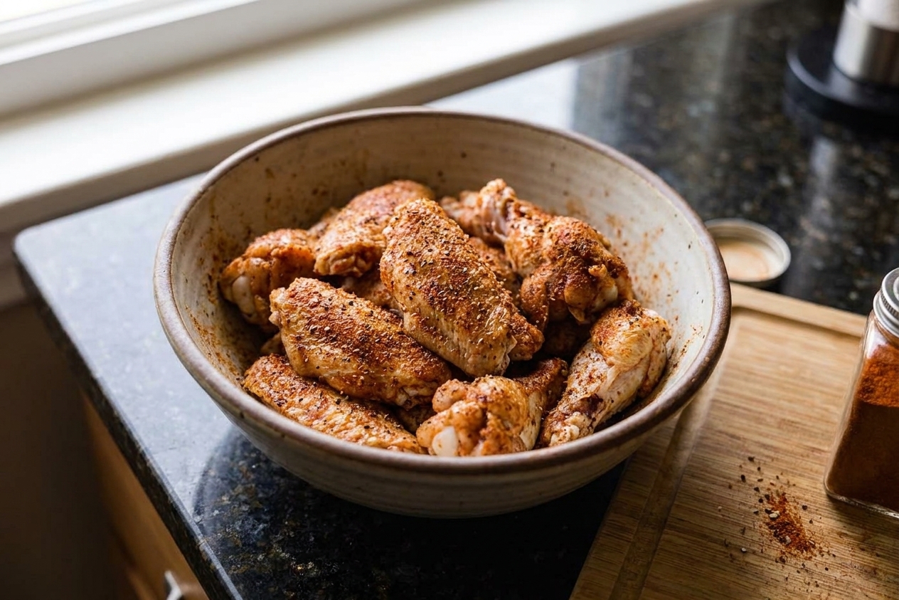 A bowl of raw chicken wings coated in dry seasoning with visible paprika and black pepper on a kitchen counter