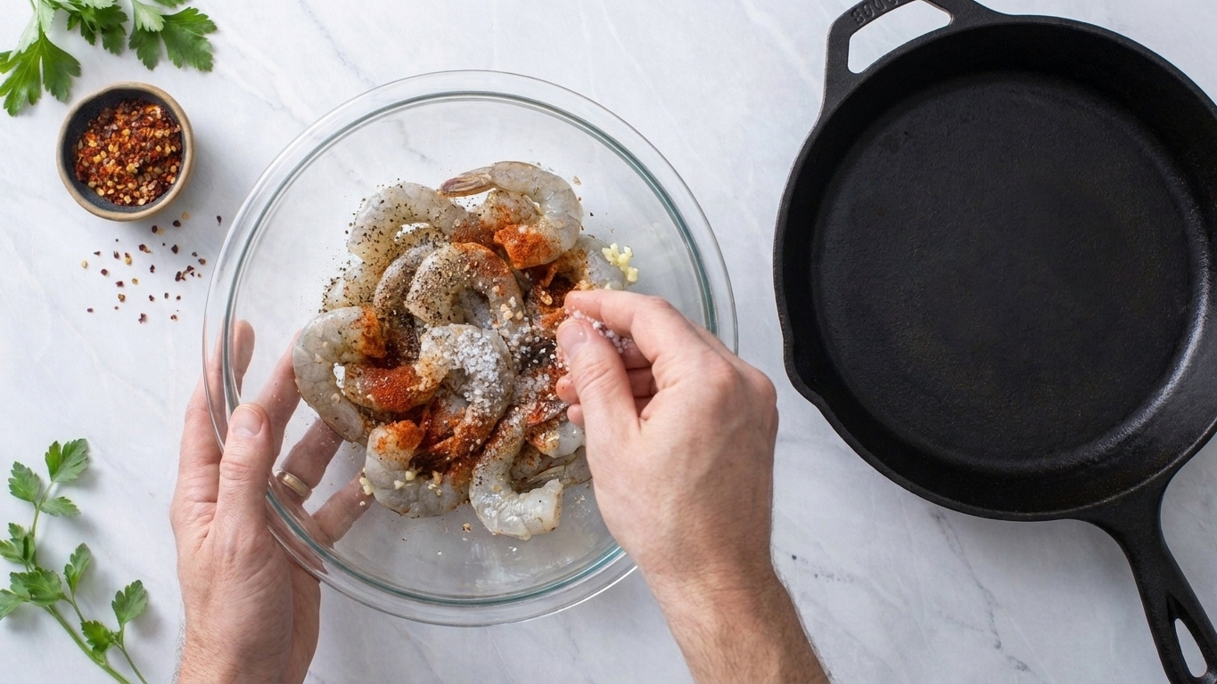 A bowl of raw shrimp being tossed with salt, pepper, and paprika next to a skillet on a home kitchen counter