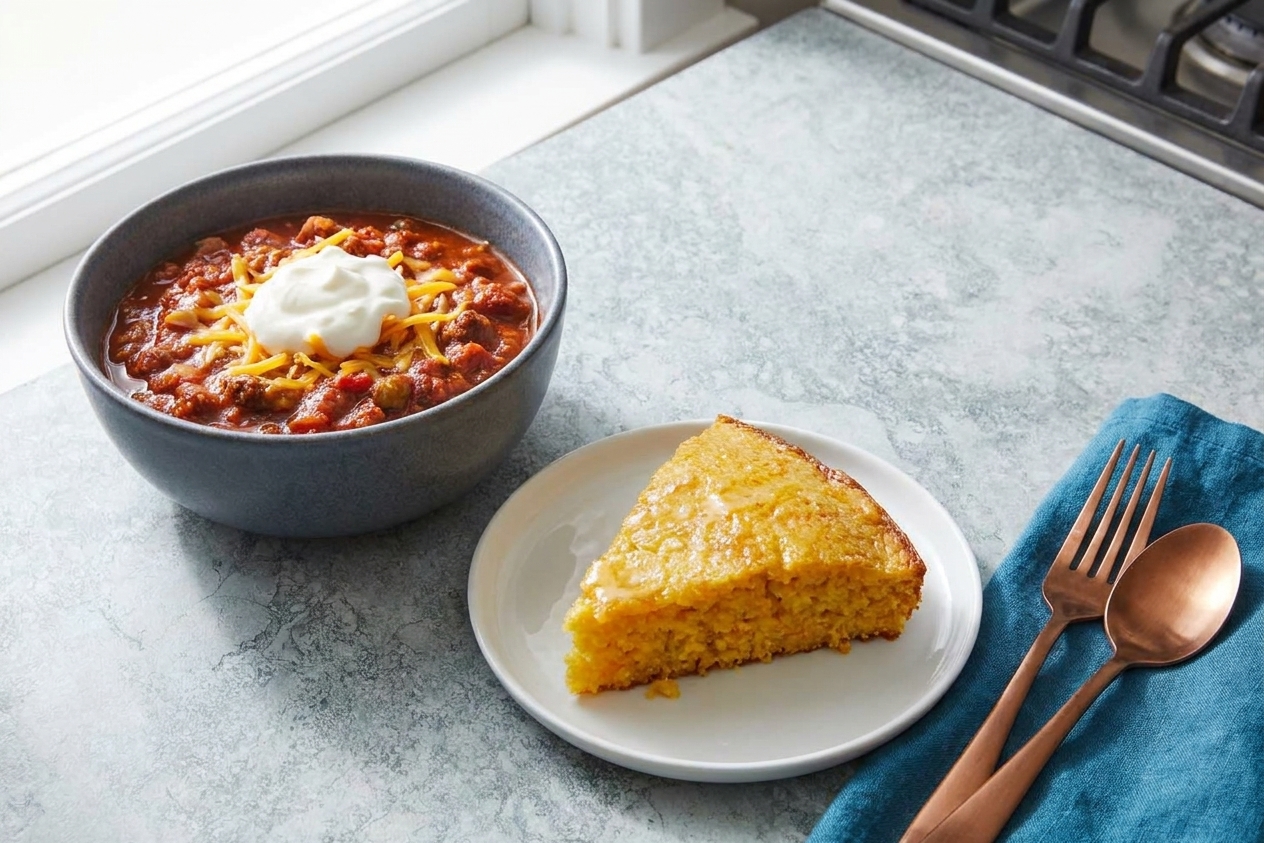 A bowl of red chili topped with sour cream next to a wedge of skillet cornbread on a simple dinner table setting