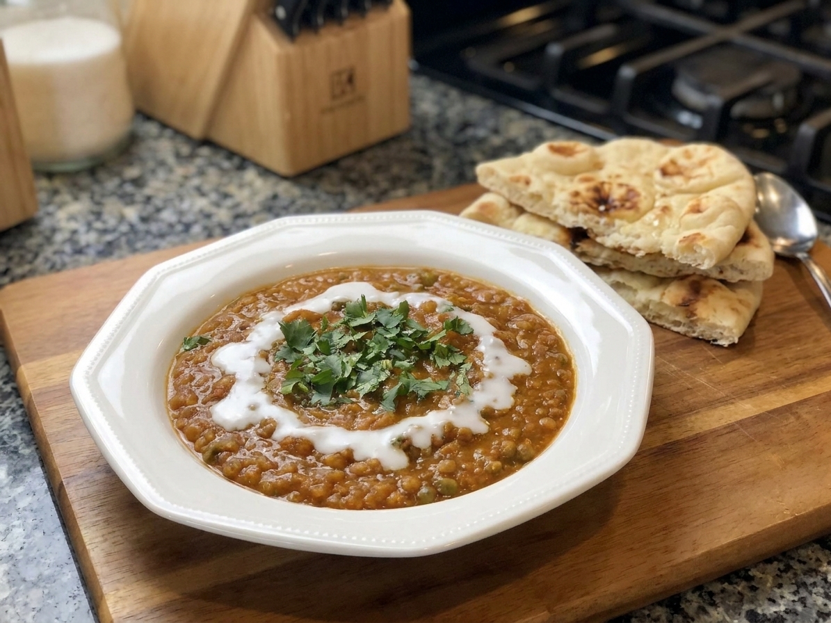 A bowl of red lentil curry with a swirl of coconut milk and chopped cilantro on top, set on a wooden table with a spoon and warm naan nearby