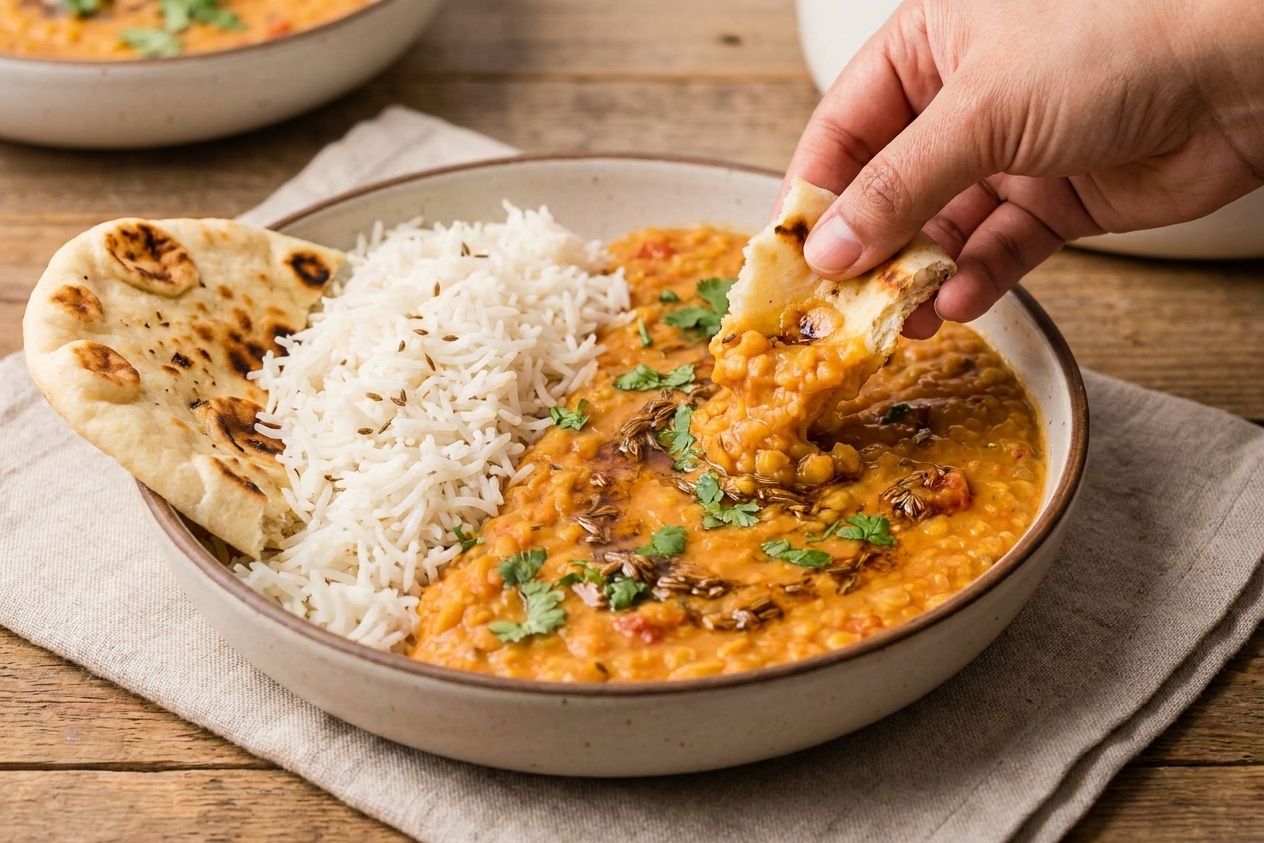A bowl of red lentil dahl served next to steamed basmati rice and naan on a simple table setting with warm lighting