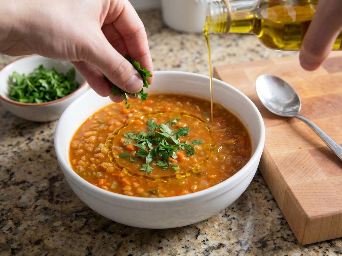 A bowl of red lentil soup being garnished with chopped parsley and a drizzle of olive oil on a kitchen counter