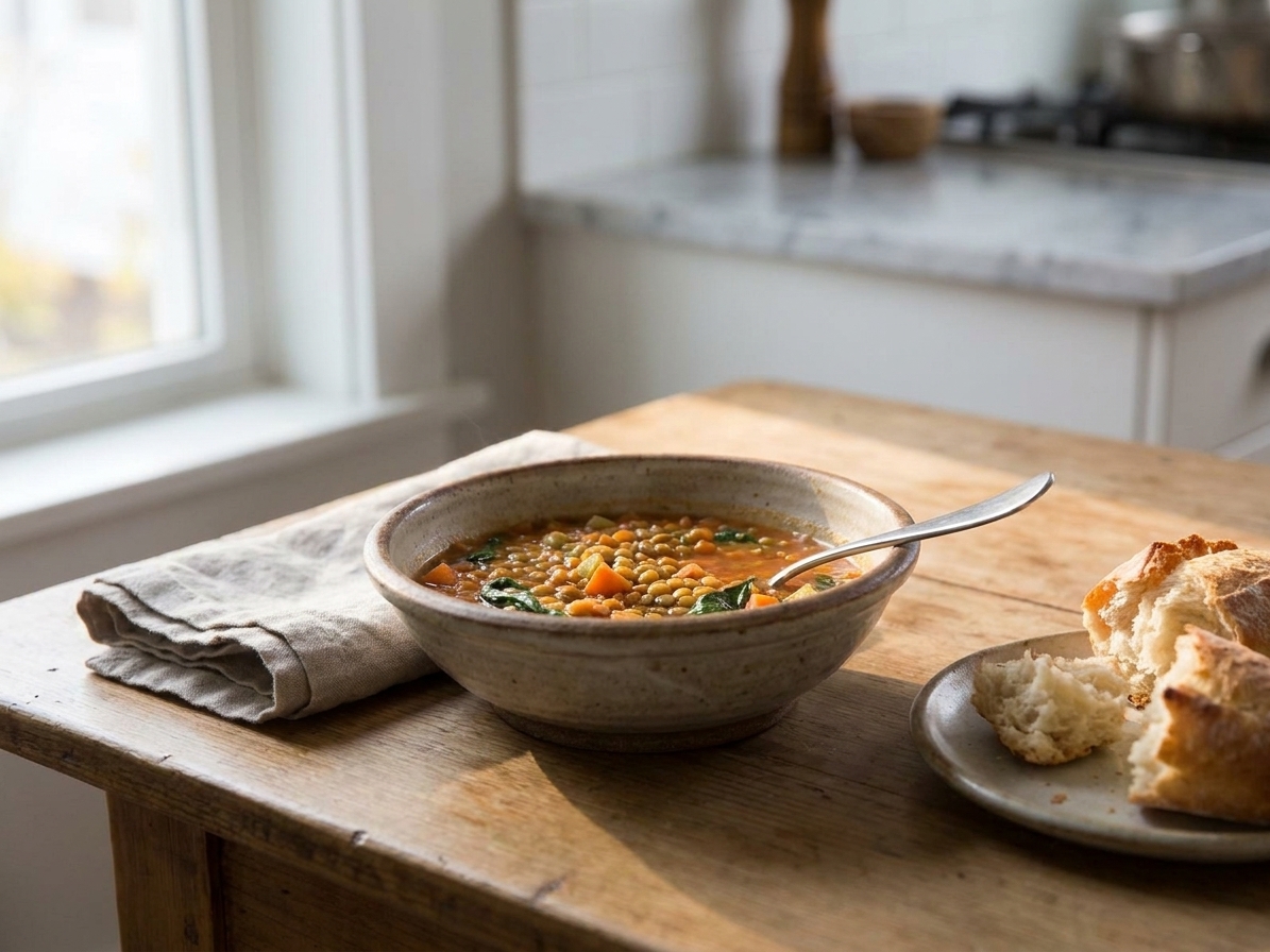 A bowl of red lentil stew on a simple dinner table set with a spoon, folded napkin, and a small plate of warm bread, softly lit