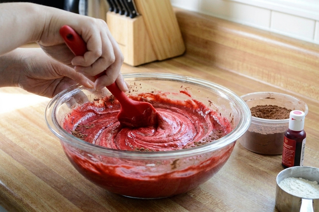 A bowl of red velvet cake batter being mixed with a spatula on a home kitchen counter
