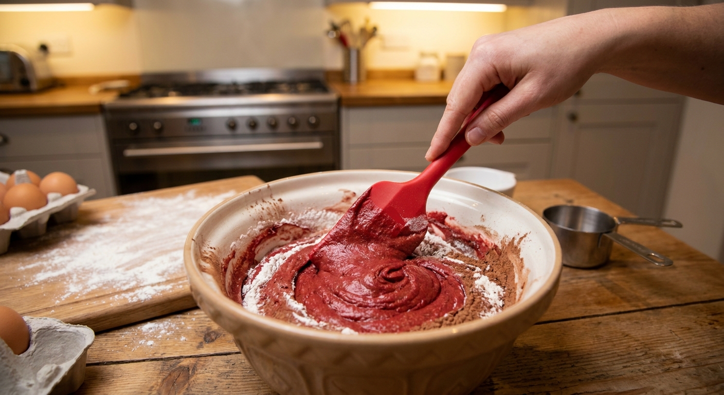 A bowl of red velvet cupcake batter being folded with a rubber spatula on a kitchen counter