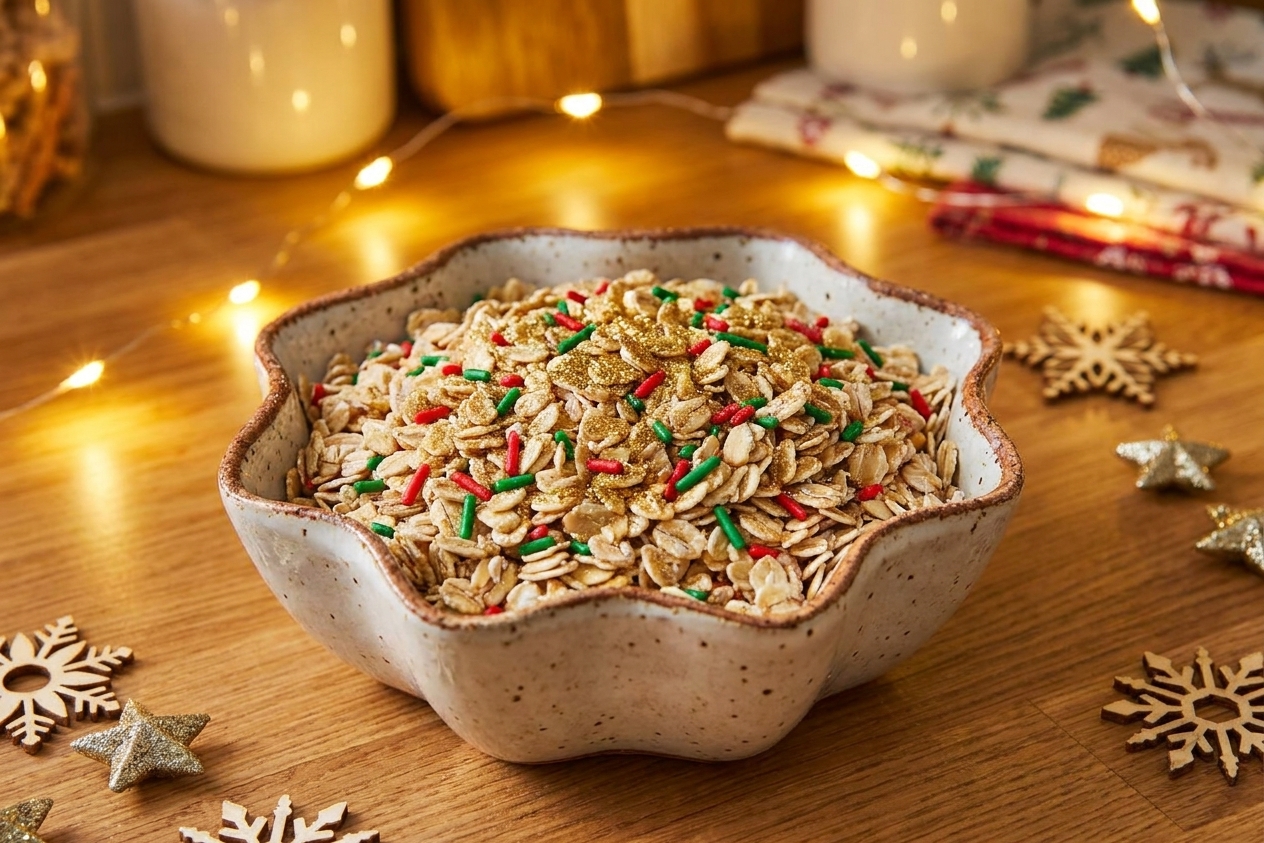 A bowl of reindeer food made with rolled oats, red and green sprinkles, and a small amount of edible glitter on a cozy kitchen counter with warm holiday lighting