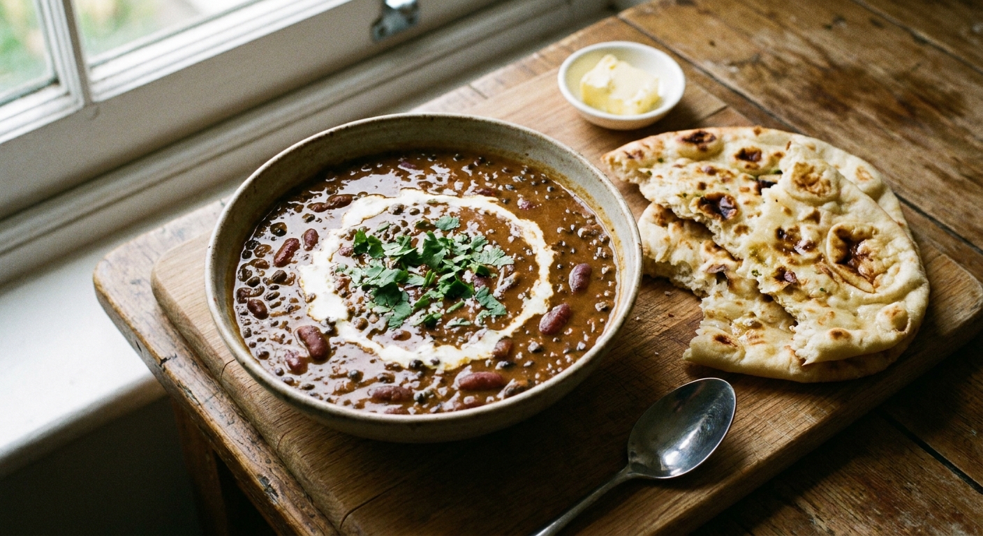 A bowl of restaurant-style dal makhani with glossy whole black urad and kidney beans, finished with a swirl of cream and cilantro, served with warm naan on a wooden table, natural light food photography