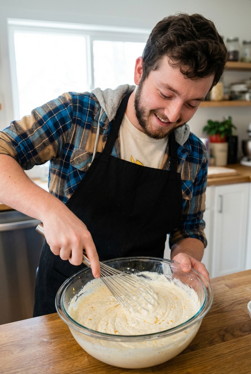 A bowl of ricotta cannoli filling with vanilla and orange zest being whisked until smooth