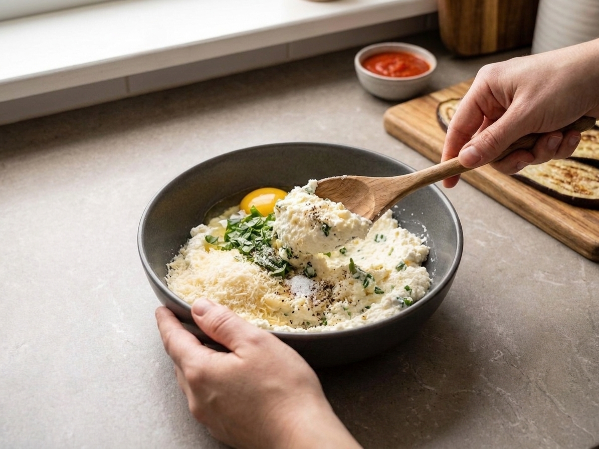 A bowl of ricotta filling being mixed with a spoon, with visible flecks of herbs and grated Parmesan on a kitchen counter