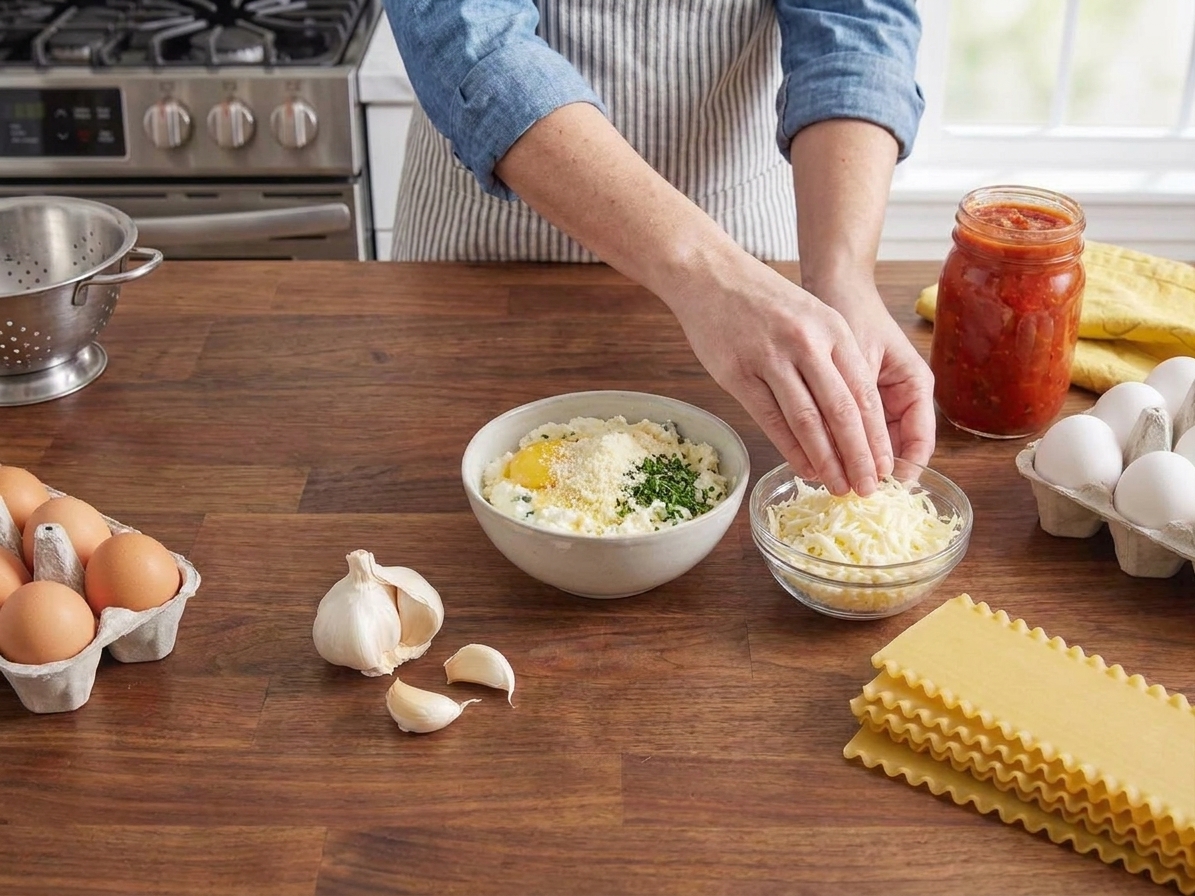 A bowl of ricotta mixed with egg, Parmesan, and herbs beside shredded mozzarella on a kitchen counter