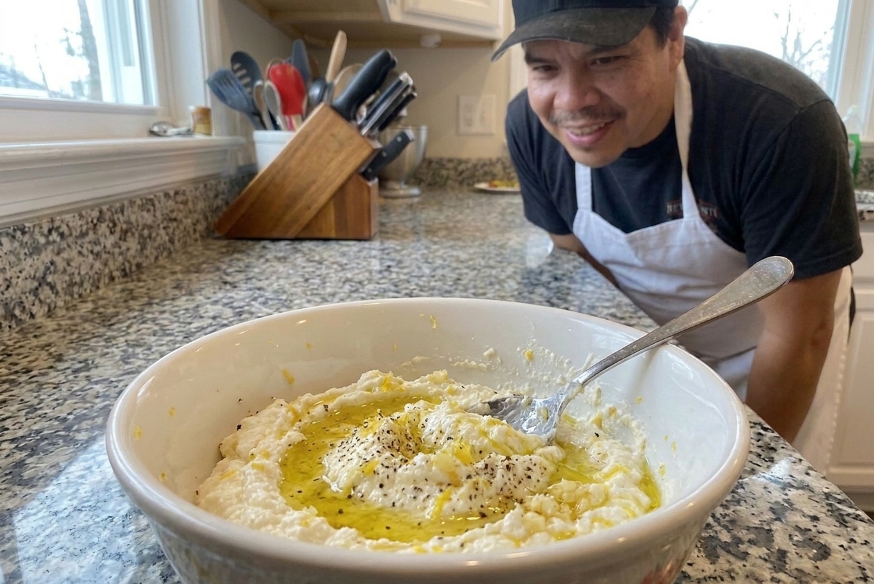 A bowl of ricotta mixed with grated garlic, olive oil, lemon zest, salt, and pepper on a kitchen counter with a spoon