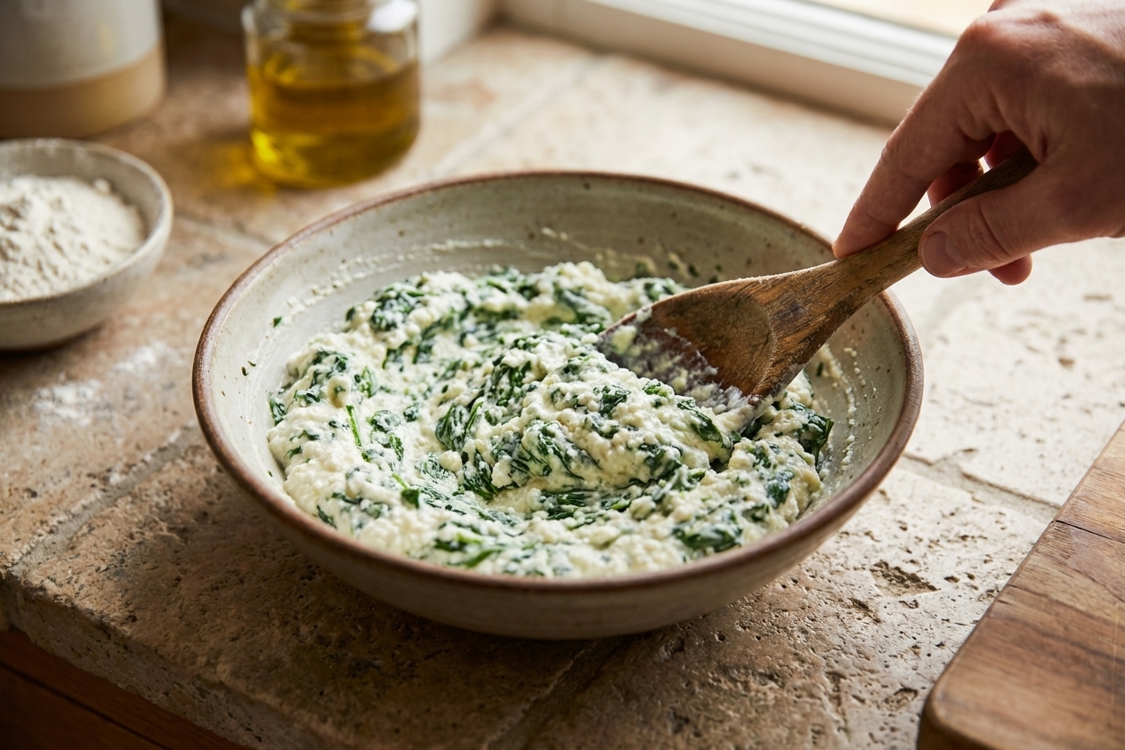 A bowl of ricotta spinach ravioli filling being stirred with a spatula on a stone countertop