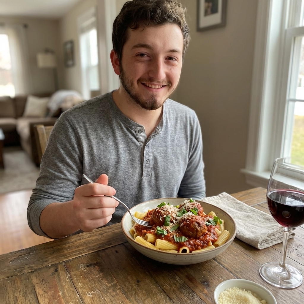 A bowl of rigatoni topped with rich red Sunday gravy, two meatballs, grated Parmesan, and basil on a rustic dinner table, real food photography