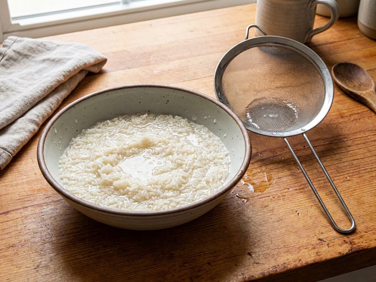 A bowl of rinsed jasmine rice with water droplets, sitting beside a fine mesh strainer on a kitchen counter