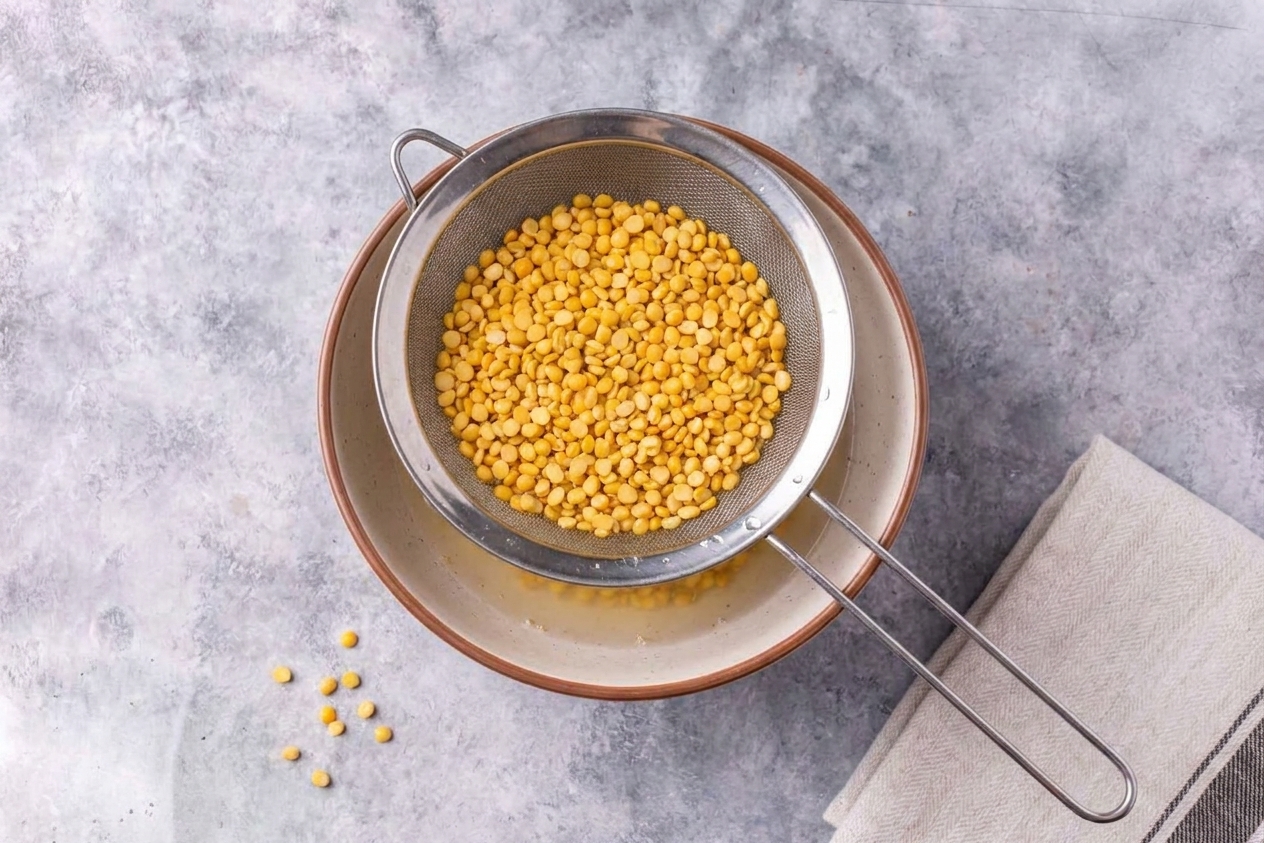 A bowl of rinsed toor dal draining through a fine mesh strainer on a clean kitchen counter