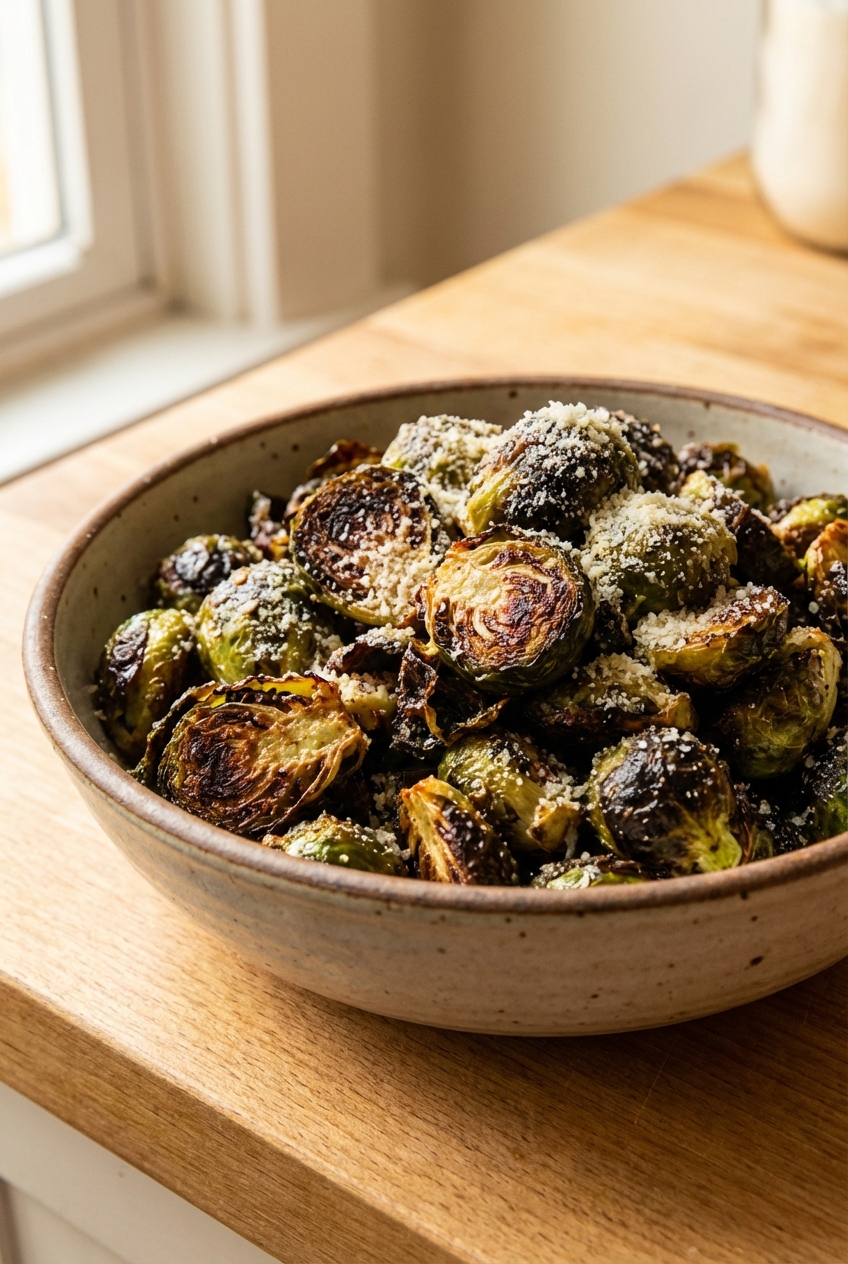 A bowl of roasted Brussels sprouts with crispy edges and a sprinkle of parmesan