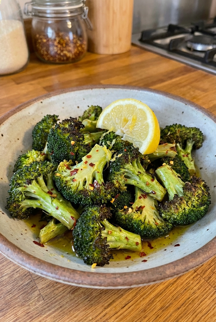 A bowl of roasted broccoli with chili flakes and a squeeze of lemon
