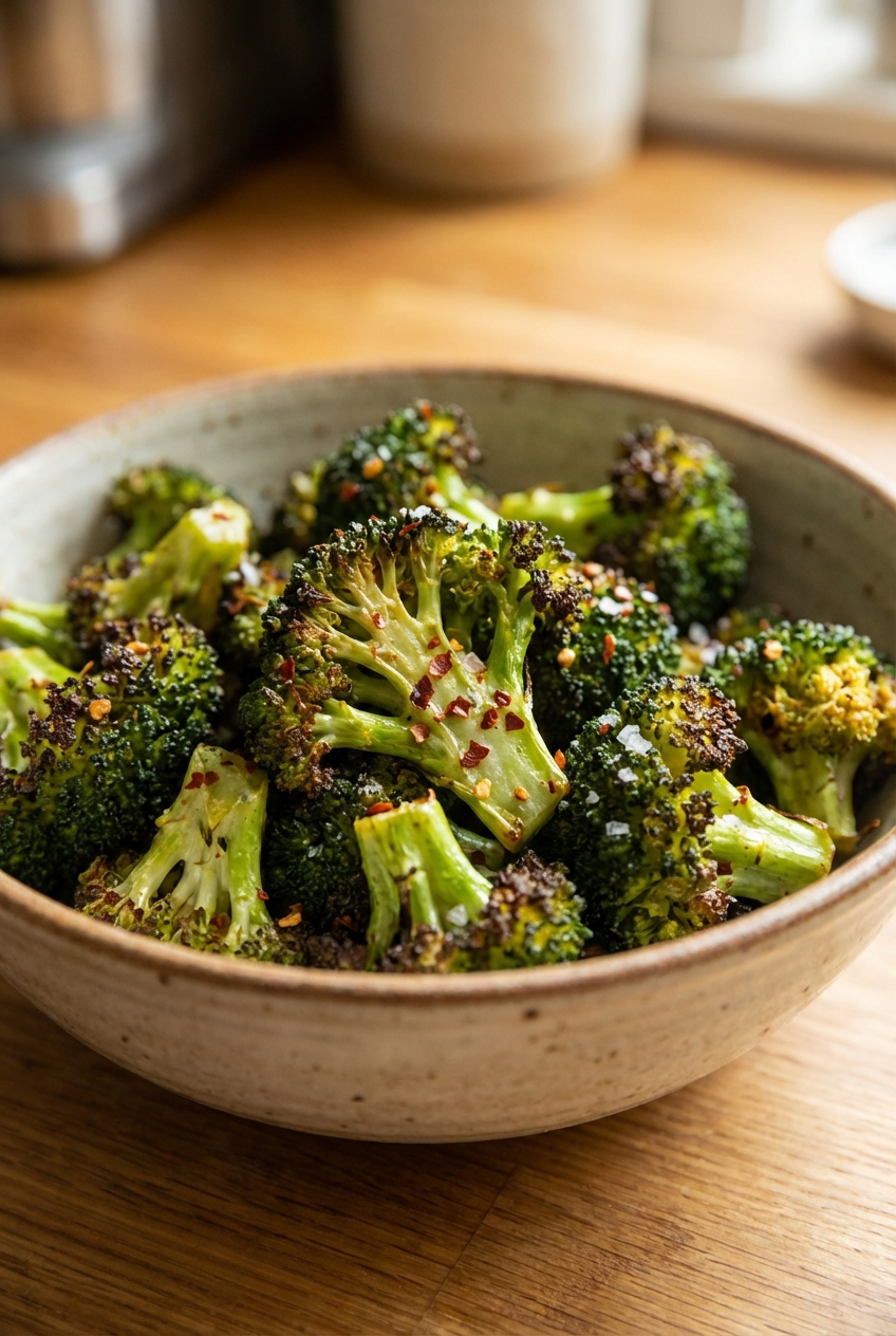 A bowl of roasted broccoli with crispy edges and red pepper flakes