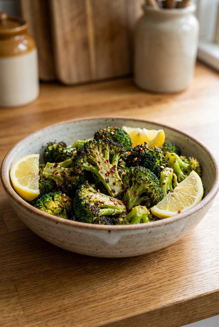 A bowl of roasted broccoli with lemon wedges and chili flakes