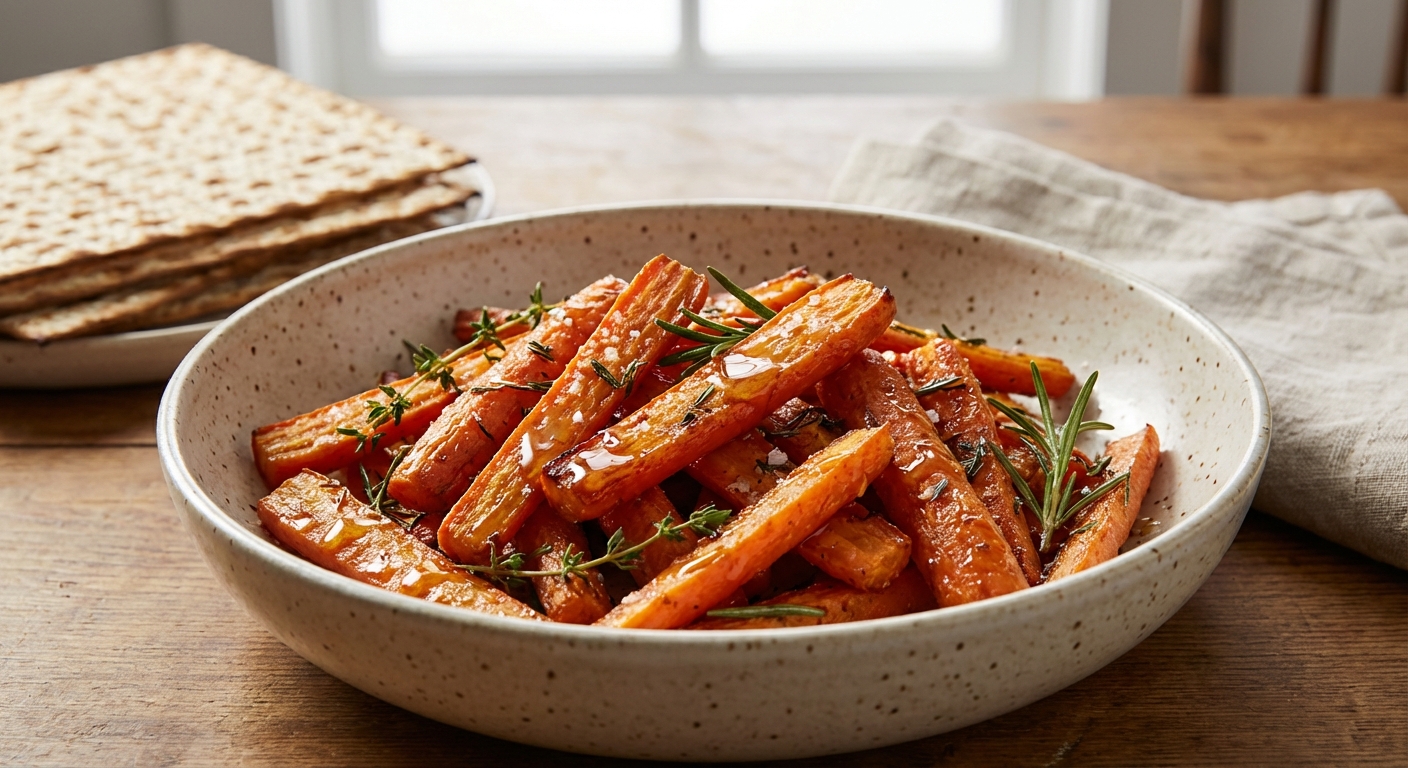 A bowl of roasted carrots with herbs and a drizzle of honey