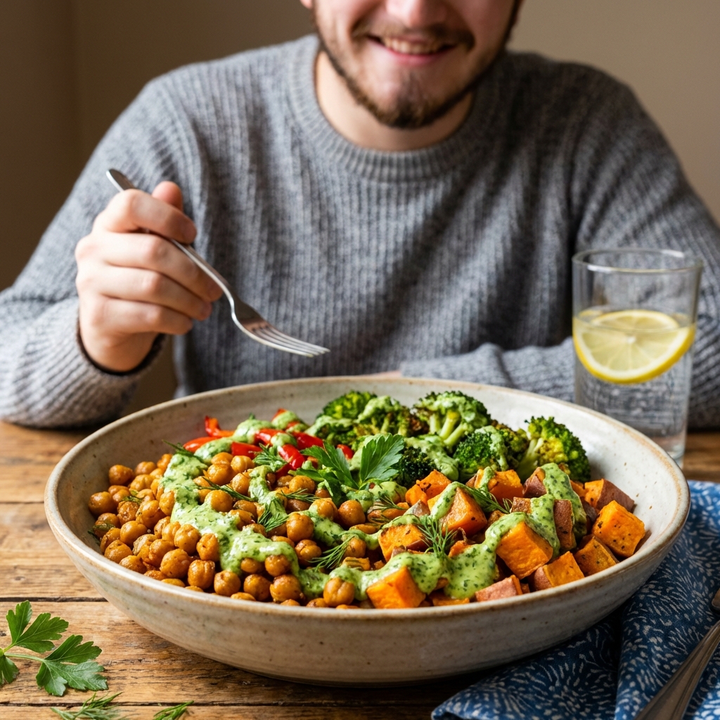 A bowl of roasted chickpeas and vegetables topped with lemon herb sauce and fresh herbs