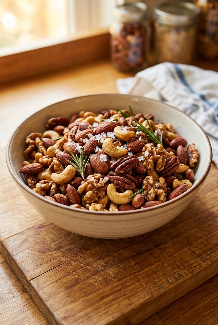 A bowl of roasted mixed nuts with rosemary and flaky salt on a wooden board