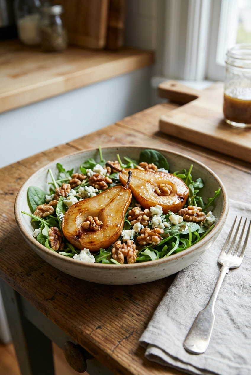 A bowl of roasted pear salad with walnuts and crumbled cheese
