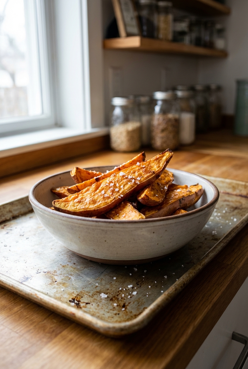 A bowl of roasted sweet potato wedges with flaky salt on a baking sheet