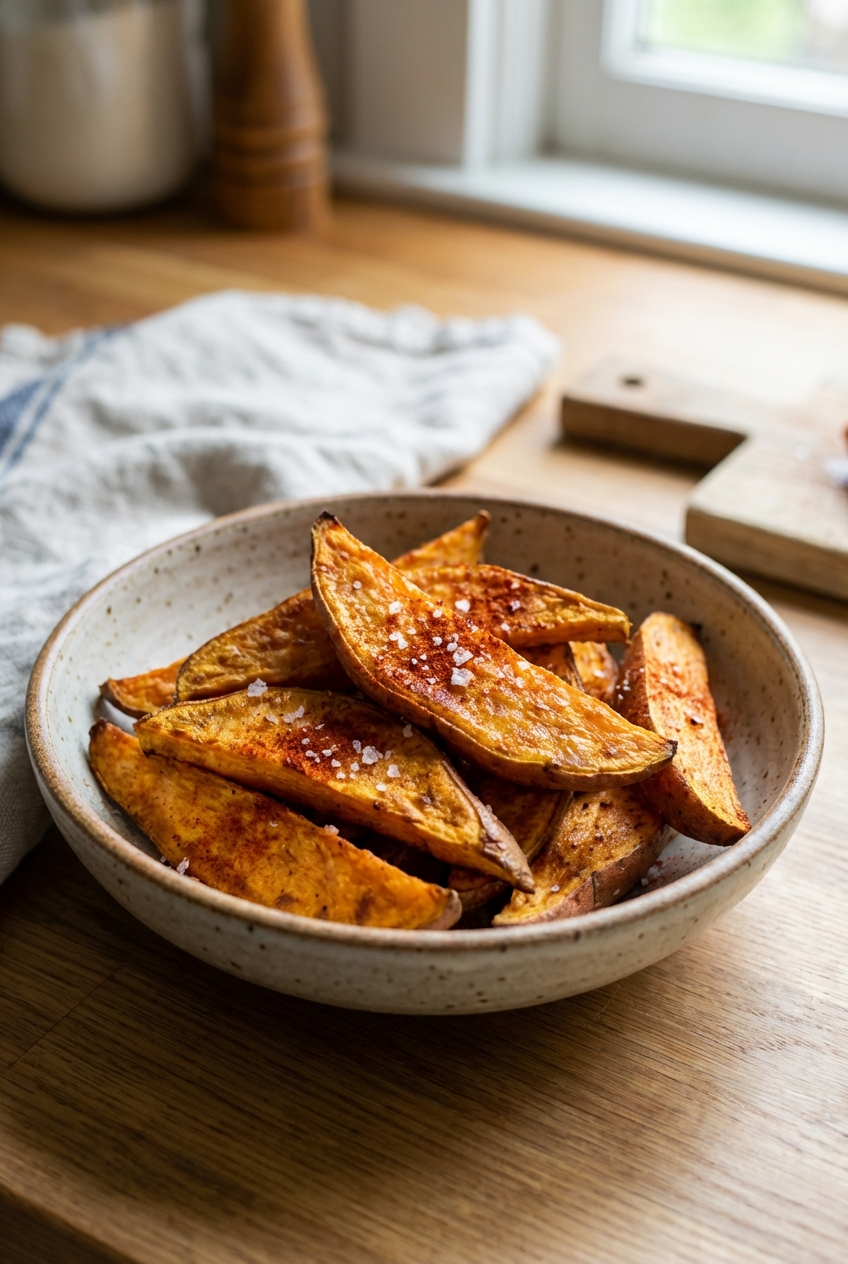 A bowl of roasted sweet potato wedges with paprika and a sprinkle of flaky salt