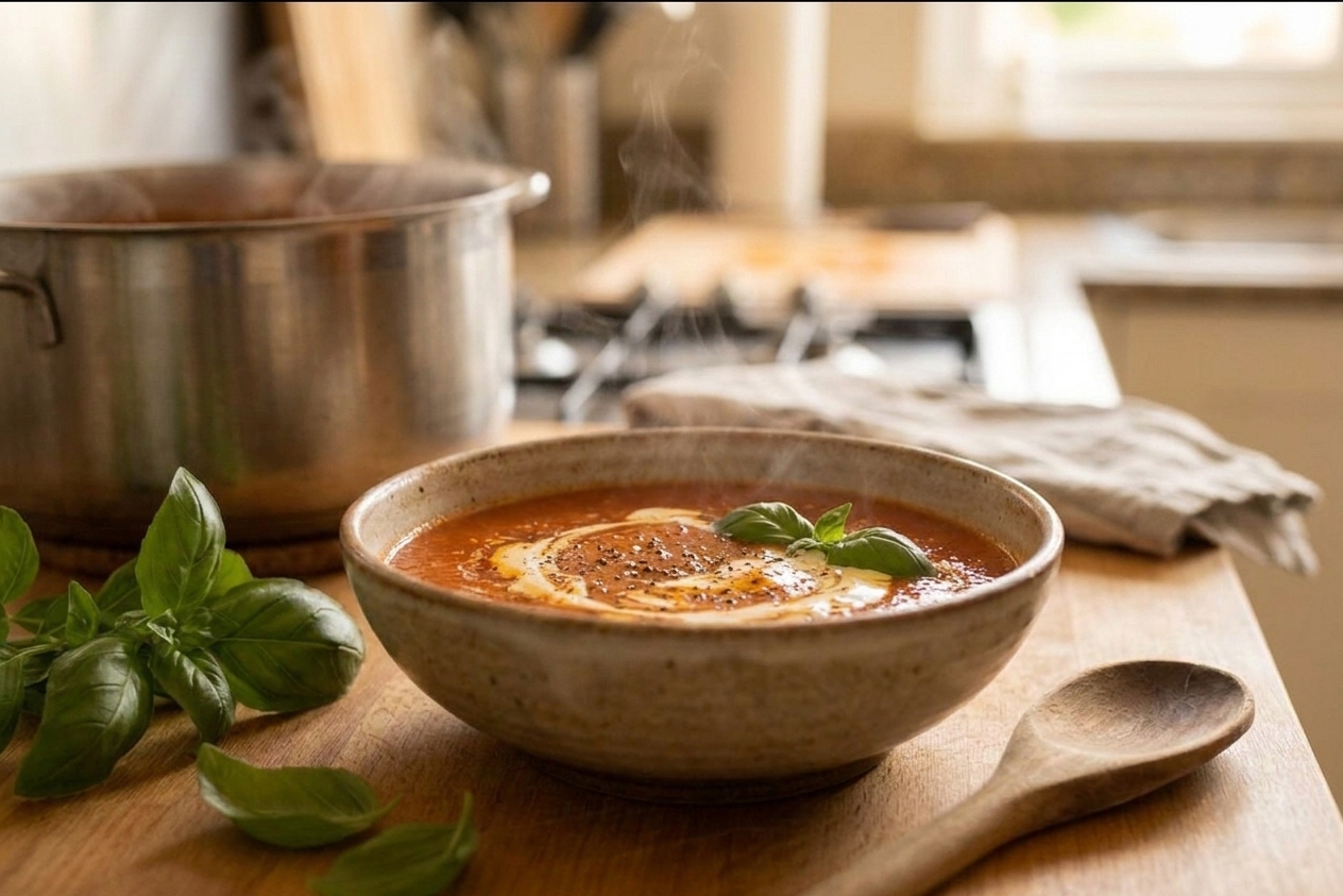 A bowl of roasted tomato soup topped with basil and cracked black pepper on a kitchen counter