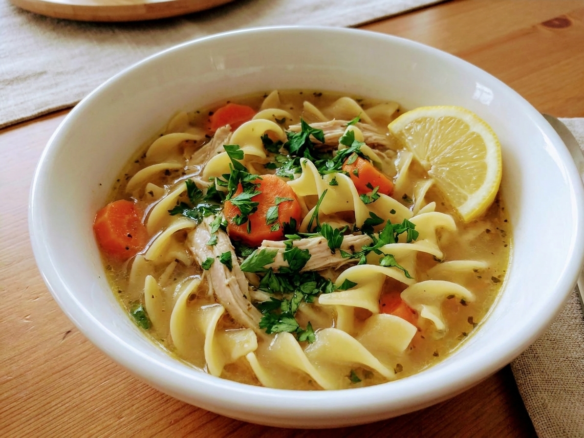 A bowl of rotisserie chicken soup garnished with fresh parsley and a lemon wedge on the side, set at a simple dinner table
