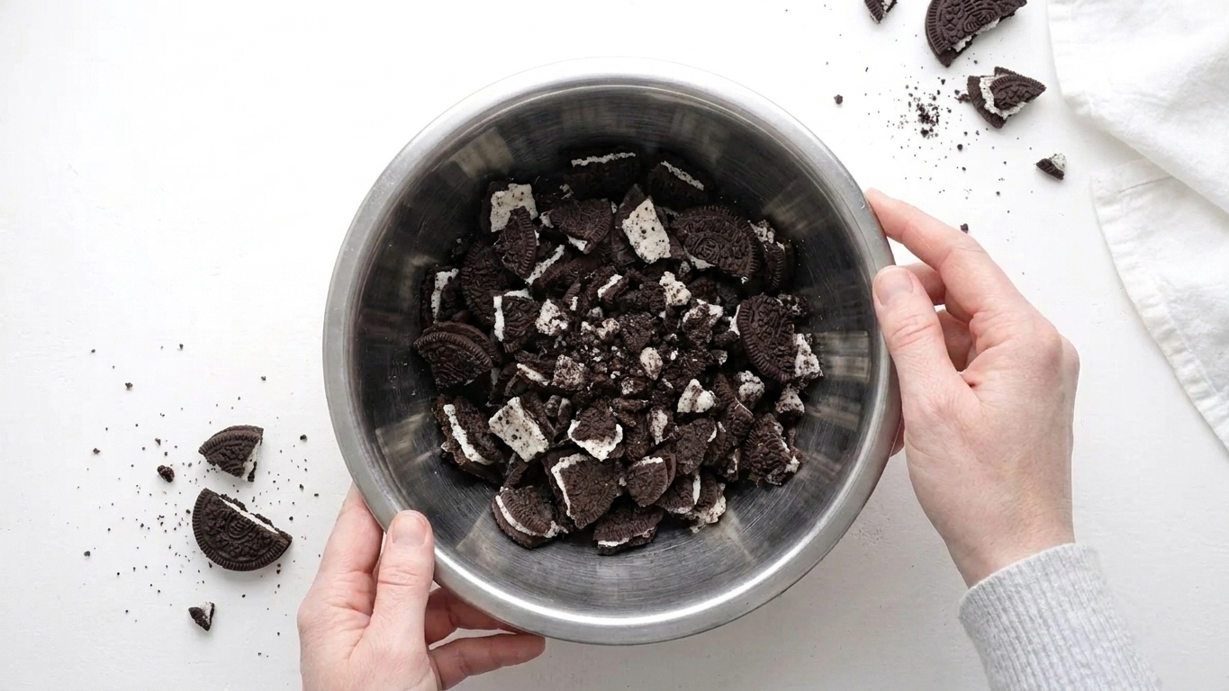 A bowl of roughly chopped Oreos with a mix of crumbs and larger cookie pieces on a kitchen counter
