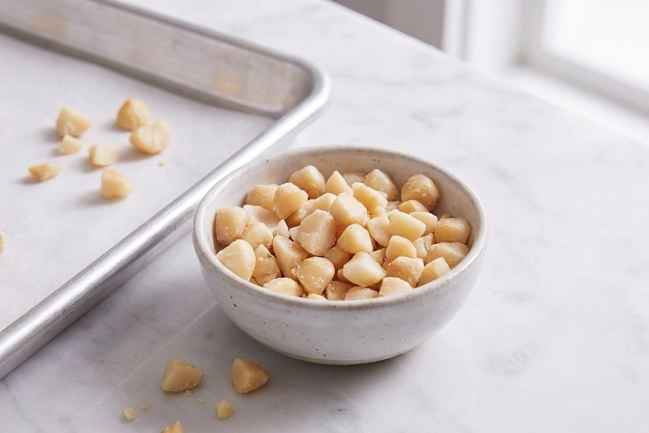 A bowl of roughly chopped toasted macadamia nuts on a kitchen counter next to a baking sheet