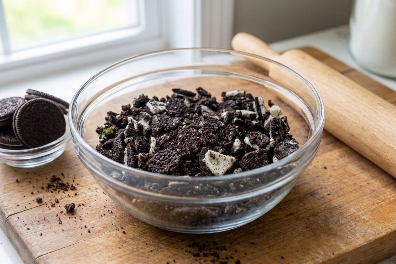 A bowl of roughly crushed Oreo cookies with a mix of crumbs and bite size chunks on a kitchen counter