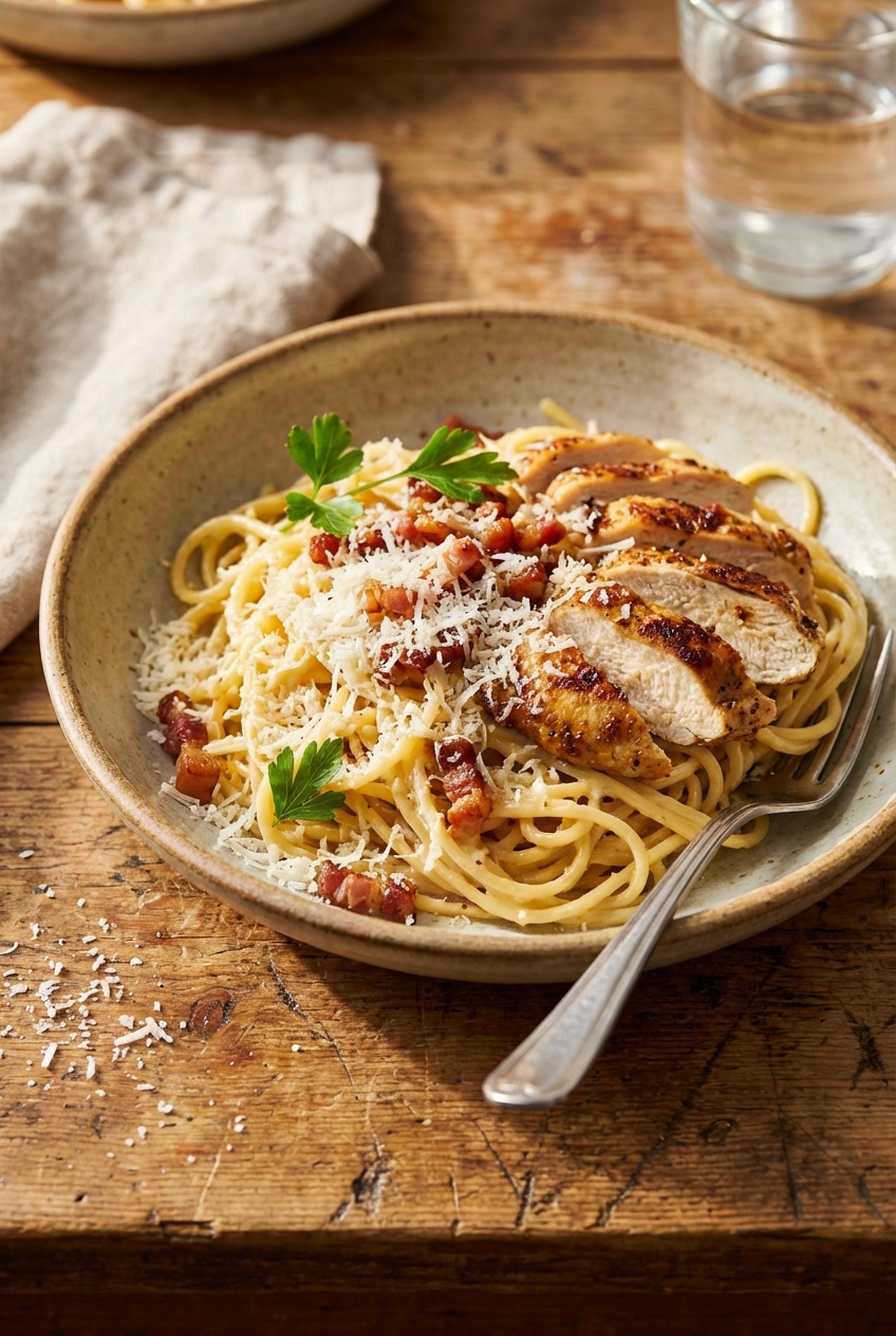 A bowl of rustic chicken carbonara with spaghetti, sliced juicy chicken, crisp pancetta, and plenty of grated cheese on a wooden table