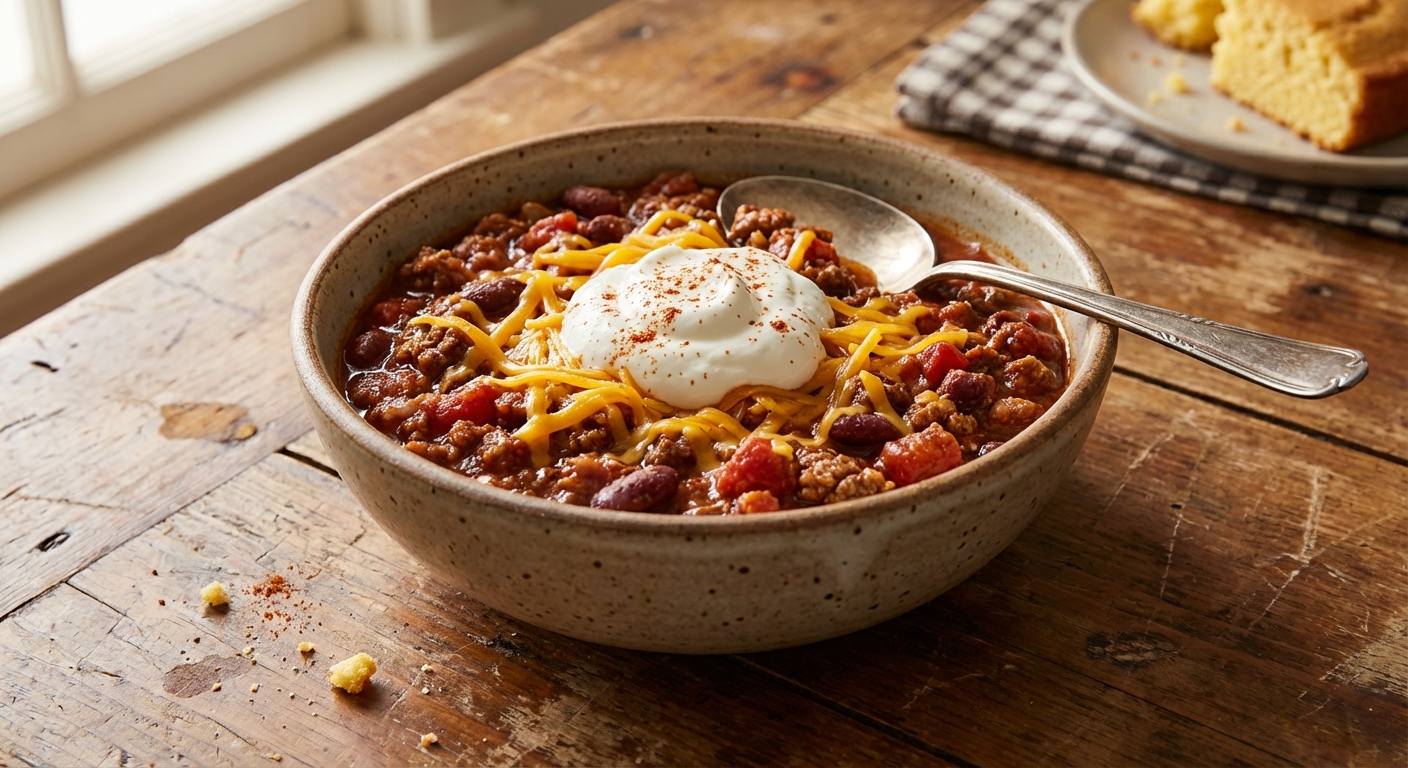 A bowl of rustic chili topped with shredded cheddar and a dollop of sour cream on a wooden table