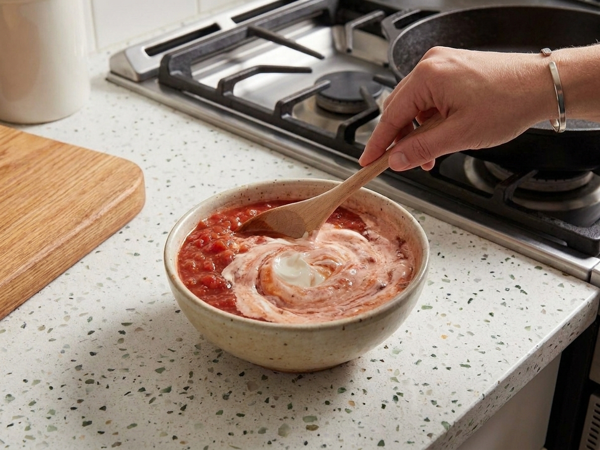 A bowl of salsa and sour cream being mixed into a creamy pink sauce with a spoon on a kitchen counter
