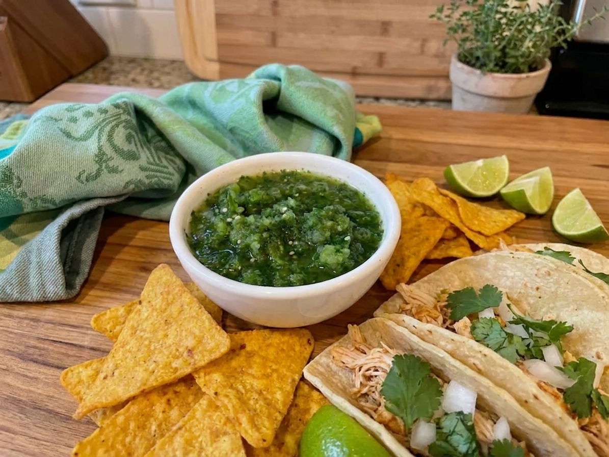 A bowl of salsa verde on a casual table setting with tortilla chips, tacos, and lime wedges