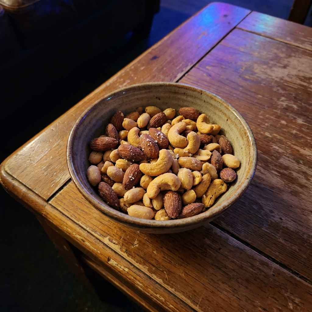 A bowl of salted roasted nuts on a coffee table