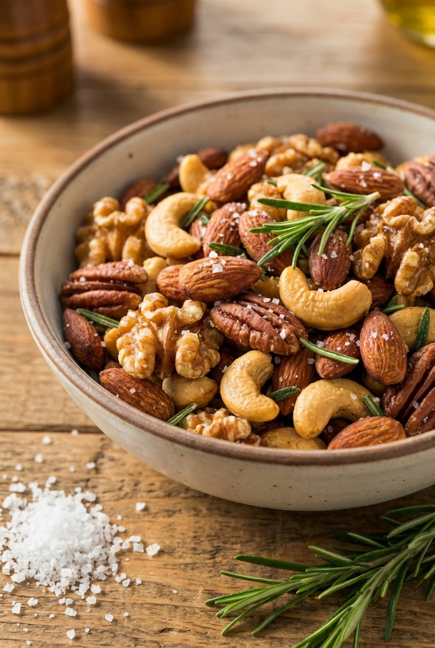 A bowl of salty roasted nuts with rosemary